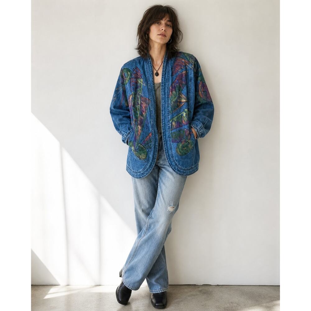 Vintage 80s Denim Jacket Size small Made USA Handpainted Retro Era Unique